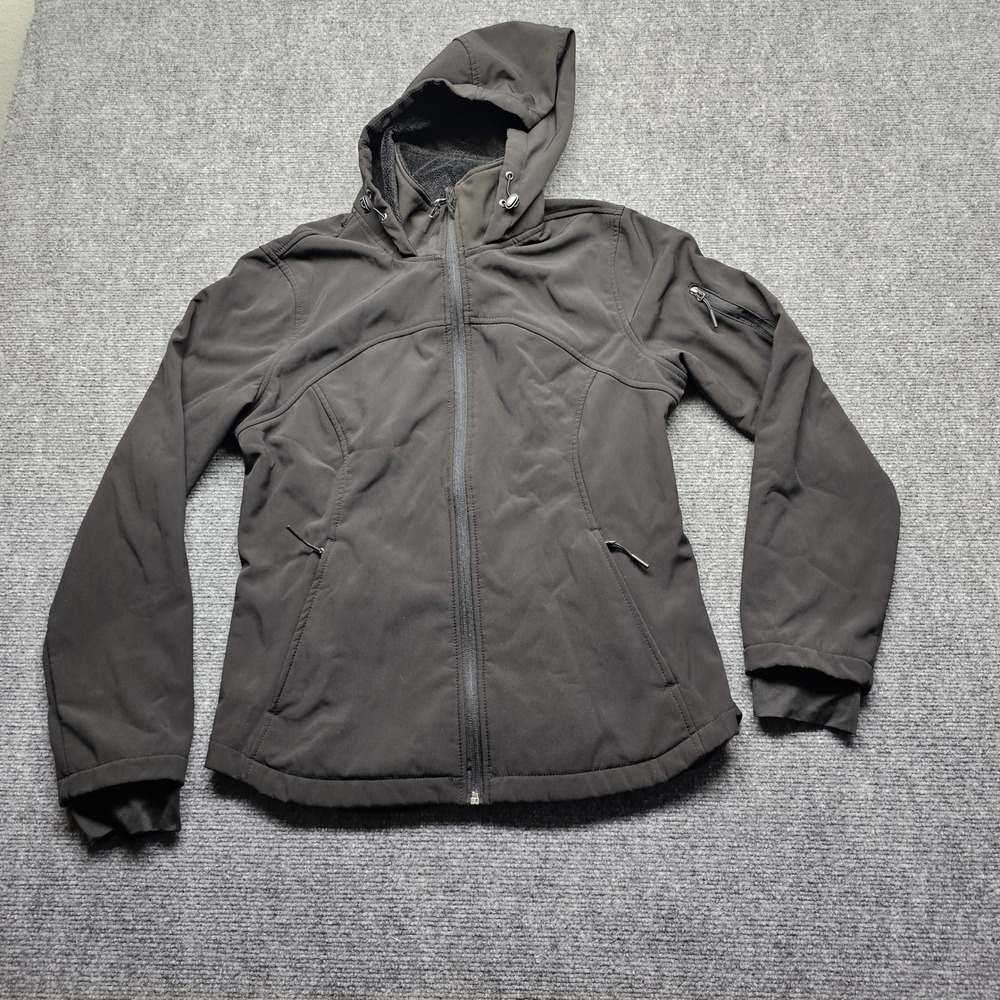 Free Country Womens Black Softshell Jacket Faux Fur Fleece Lined Hooded M 8-10